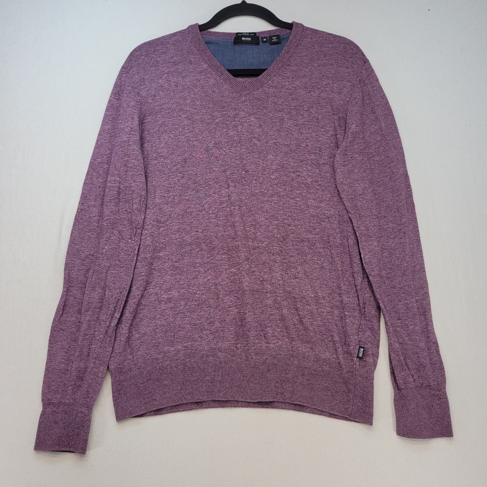 Hugo Boss V-Neck Sweater Mens Medium Purple Slim Fit Italian Yarn Cotton‎ Knit